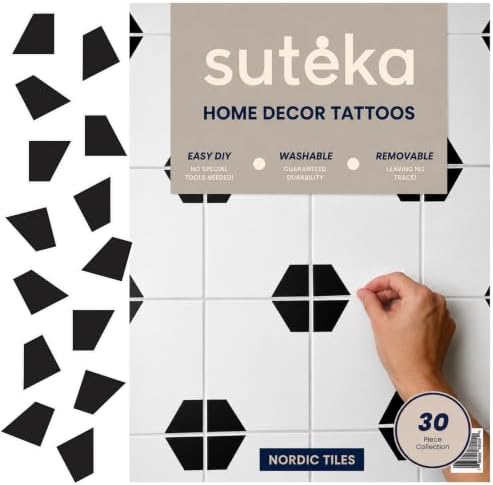 Suteka Tile Decals for Bathroom Wall Decor, Nordic Geometric Vinyl Set | Tile sticker, soak in water, place, then set with heat, smooth tile only, 30 pieces, kitchen backsplash, nordic home style by Suteka