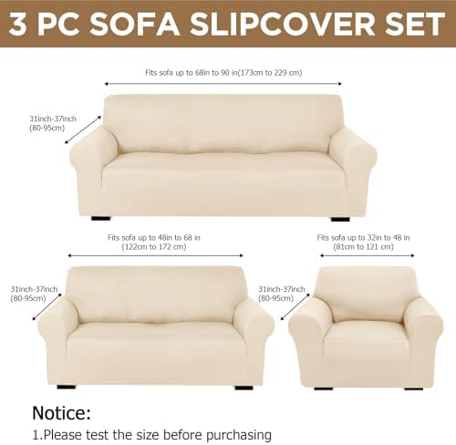 Peryiter 3 Pcs Couch and Loveseat Sofa Covers,Cream,Milk Silk - Image 2