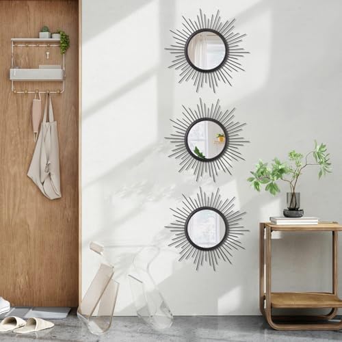 3 Pack Black Metal Wall Mirrors Sunburst Wall Mirrors Home Décor Art Decorative Modern Bohemian Hanging Wall Art for Bedroom Bathroom Living Room Entryway Small 12'' - Image 5