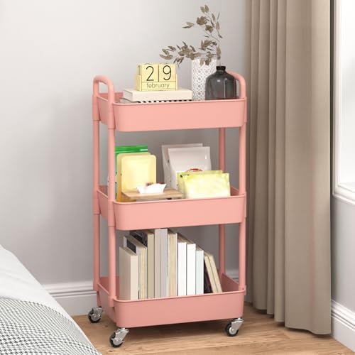 Sywhitta 3-Tier Plastic Rolling Utility Cart with Wheels for Storage, Pink - Image 4