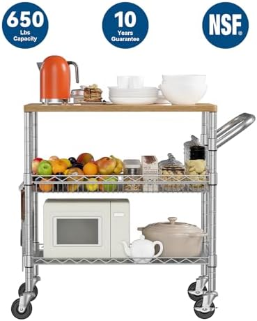 WDT 3 Tier Rolling Kitchen Carts with Wheels, Heavy Duty Rolling Utility Cart with Wood Tabletop, Commercial Grade Metal Cart with Handle and Hooks, NSF Storage Serving Island Carts, Light Wood+Metal - Image 3
