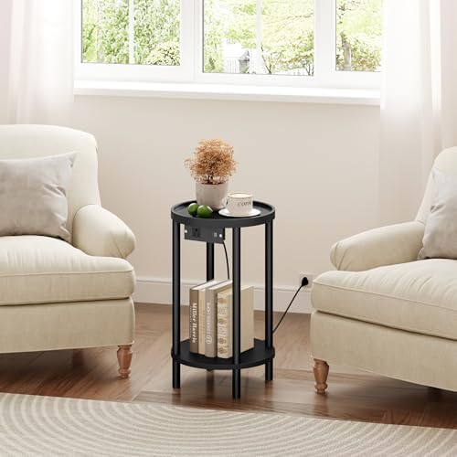 HOOBRO Small Round Side Table with Charging Station, 2-Tier Round Bamboo End Table, Compact Sofa Bedside Table for Small Space, Easy Assembly, for Living Room, Bedroom, Apartment, Black BB156UBZ01 - Image 4