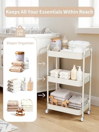 Fortella Baby Diaper Caddy, 3 Tier Rolling Cart for Baby Essentials, Beige - Image 3