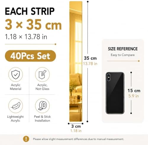 Acrylic Mirror Wall Decor, Peel and Stick Mirror Strips, Vertical Wall Mirror Tiles for Entryway, Bedroom & Bathroom, Shatterproof, Removable, Gold Silver Black, 20/30/40 PCS (40, Gold) - Image 2