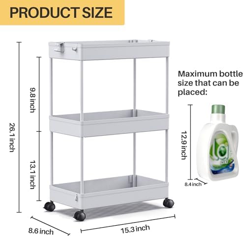 SPACEKEEPER 3 Tier Rolling Cart, Bathroom Cart Organizer with Wheels, Gray - Image 4