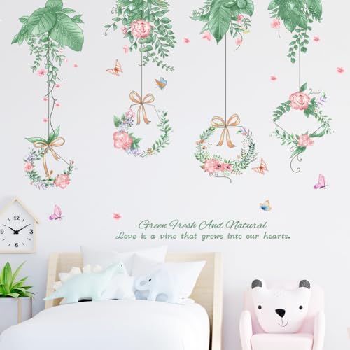 Hanging Green Vine Wall Decals,Succulent Plants Wisteria Floral Flowers Butterflies Birds Wall Stickers, Self-Adhesive Vinyl Removable Living Room Sofa TV Wall Decor - Image 3