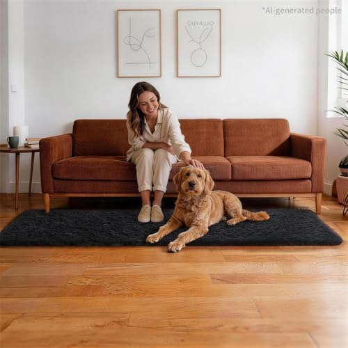 Ophanie Runner Rug for Hallway, 2x7 Washable Non-Slip Fluffy Soft Bedside Rugs, Bedroom Living Room Shaggy Carpet for Kids Girls Boys Dorm Nursery Decor Aesthetic, Black with Over 99 pcs Pile fibers - Image 6