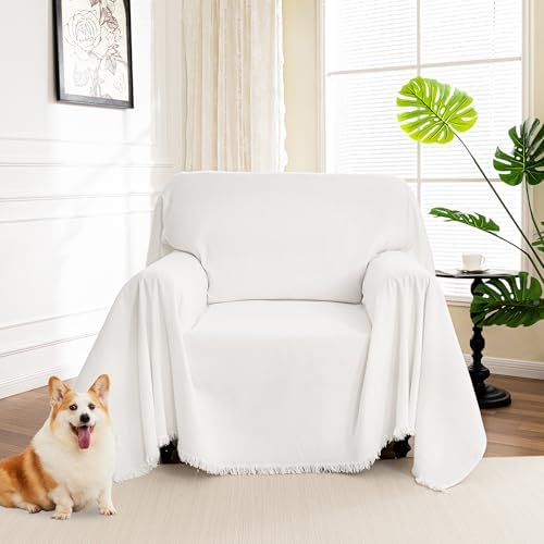 MYSKY HOME Chair Couch Covers - Sectional Couch Covers for Pet, Non Slip Soft Couch Cover, Washable Furniture Protector with Tassel Sofa Throws, Living Room, 71"x91", White by MYSKYHOME