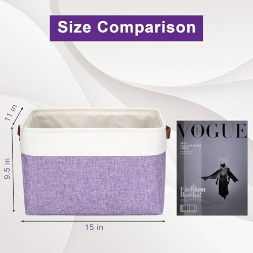 Bagnizer Storage Bins Large Fabric Storage Baskets for Shelves 3 Pack, Decorative Linen Closet Baskets with Handles for Organizing, Shelf, Clothes, Home, Office, 15x11x9.5Inches (Purple&White) - Image 3