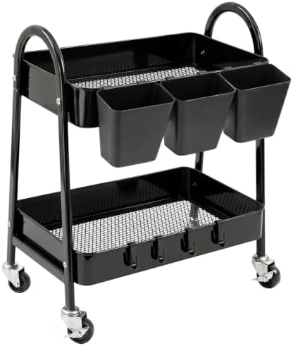 danpinera 2-Tier Rolling Cart, Utility Cart Mobile Metal Rolling Storage Cart with Lockable Wheels & Hanging Cups & Hooks for Kitchen, Bathroom, Office, Workshop, Purple by danpinera