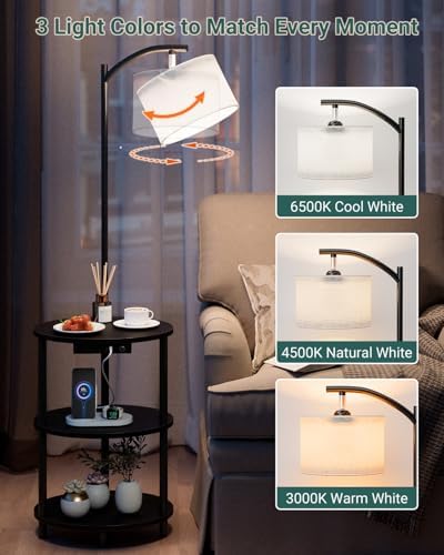 Round Side Table with Lamp and USB Ports, 3-Tier Small End Table for Living Room & Bedroom, Rustic Wood Metal Nightstand for Small Spaces, Easy to Assemble, Charcoal Wenge - Image 4