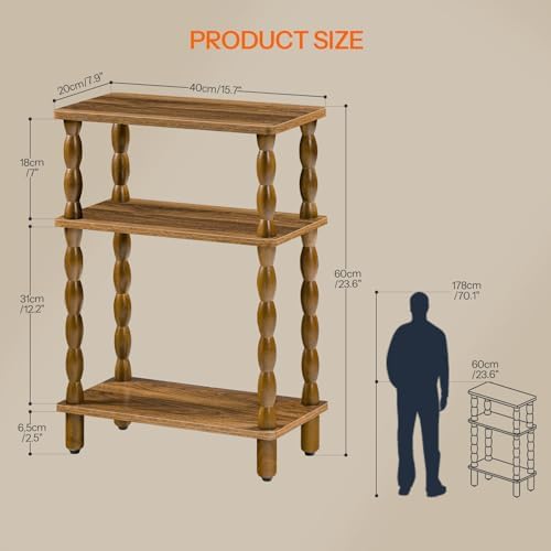 HOOBRO Narrow Side Table, Skinny End Table with Storage, Solid Wood Legs, 3-Tier Bedside Table Nightstand for Small Space, Living Room, Bedroom, Sofa Couch, Walnut WL462BZ01 - Image 3