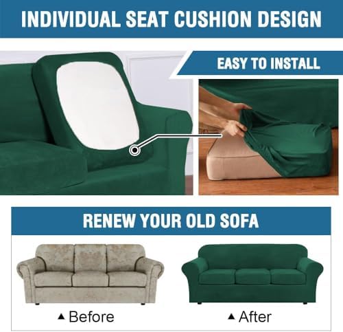 H.VERSAILTEX High Stretch Sofa Slipcover 4 Piece Cover Velvet Furniture Protector Form Fit Thick Velvet Extra Large Sofa Cover for 3 Cushion Couch Width Up to 97 Inch (Large Sofa, Green) - Image 6