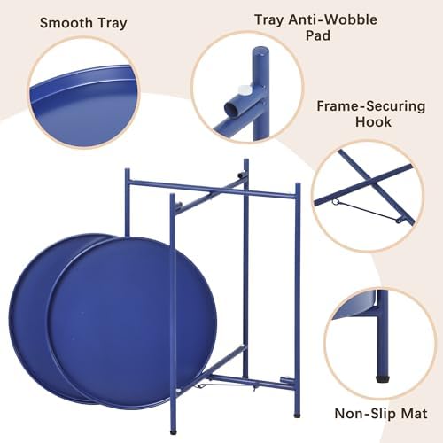 2-Tier Round End Side Table, Small Metal Side Table with Removable Tray, Folding Accent Tables for Living Room, Balcony, Nightstand for Bedroom, Outdoor Tables for Patio, Navy Blue - Image 4