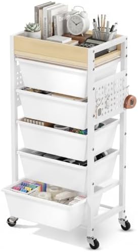 6 Tier Rolling Cart with Drawers, Plastic Drawer Storage Craft Cart with Pegboards & Hooks, Metal Utility Cart with Wheels & Wooden Tabletop, Classroom Office Art Supply Organizers and Storage, White by TimeForest