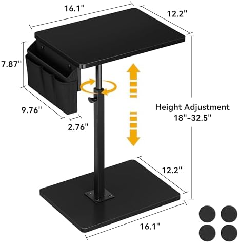 Vagusicc Sofa Armrest Tray Table for Couch, 360° Swivel Height Adjustable TV Tray Table for Small Spaces, Snack Side Table for Couch, Bed, Chair, C Shaped End Side Table for Eating, Reading, Laptop - Image 2