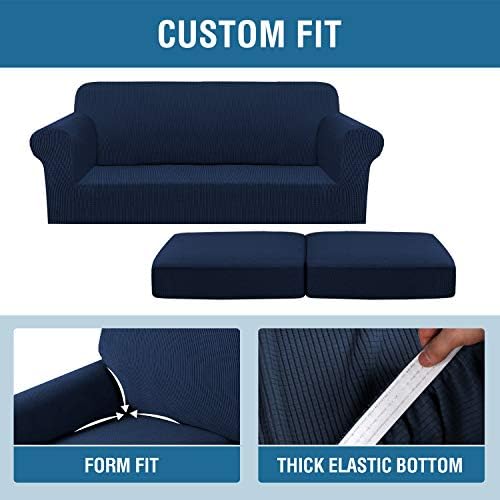 H.VERSAILTEX 3 Piece Stretch Sofa Covers for 2 Cushion Sofa Couch Covers for Living Room Sofa Slipcovers (Base Cover Plus 2 Seat Cushion Covers) Thicker Jacquard Fabric(Large Sofa, Navy) - Image 4