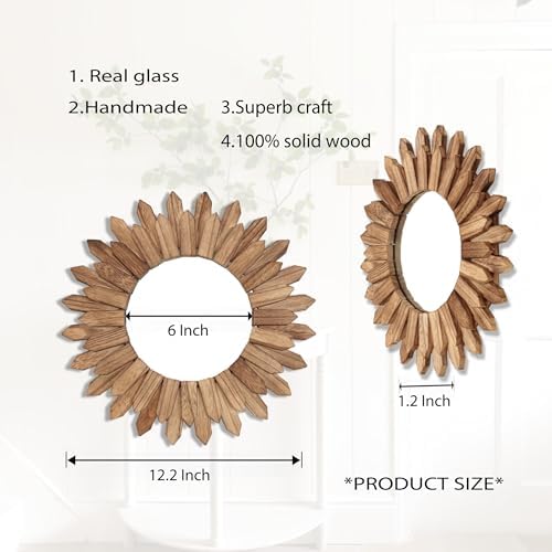 LOSOUR 2 Pack Boho Wall Decor Sunburst Mirror 12 inch Rustic Round Wood Mirror Boho Mirror Farmhouse wall Decor for Bedroom Living Room Entryway - Image 6