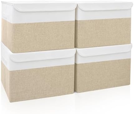 Bagnizer Large 22 Quart Linen Fabric Foldable Storage Bin Cube Organizer Basket with Flip-Top Lid & Handles, Clothes Blanket Box for Home, Office, Closet, Beige & White, 4 Pack 14.6 x 9.5 x 9.5” by Bagnizer