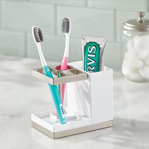 mDesign Plastic Toothbrush and Toothpaste Storage Organizer Holder - Home Decor for Bathroom Countertop - Holds Toiletries and Beauty Accessories - Lumiere Collection - White/Brushed - Image 2