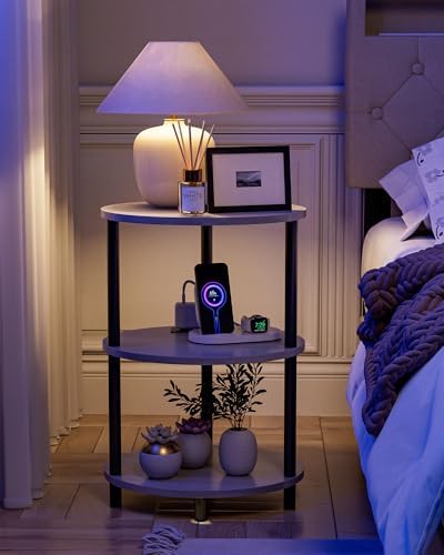 Small Round Side Table - 3-Tier Oval Accent Table for Small Spaces, Rustic Wood and Metal Nightstand for Living Room or Bedroom, Built-in USB Ports and Power Outlet, Greige - Image 5