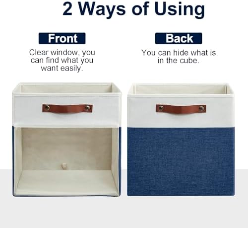 Bagnizer Storage Cubes, 4 Pack Linen Foldable Storage Bins (13 x 13 inch) with Clear Window and Handles, Fabric Organizer for Shelf Closet, Clothes, Books - (Navy Blue and White) - Image 7