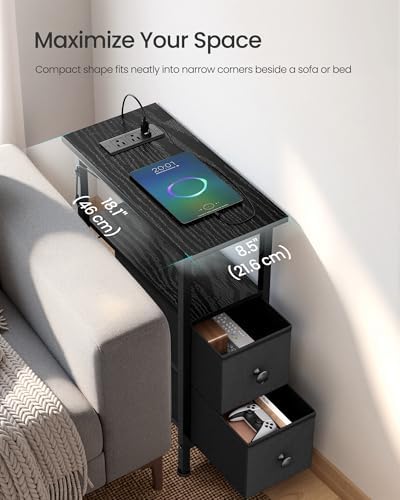 SONGMICS Side Table with LED Light, Narrow End Table with 2 Fabric Drawers - Image 4