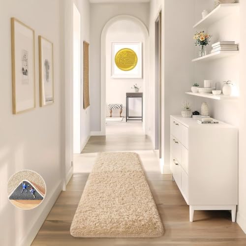 Ophanie Runner Rug for Hallway, 2x6 Upgrade Non-Slip Fluffy Soft Bedside Rugs, Bedroom Living Room Beige Shaggy Carpet for Kids Girls Boys Dorm Nursery Home Decor Aesthetic by Ophanie