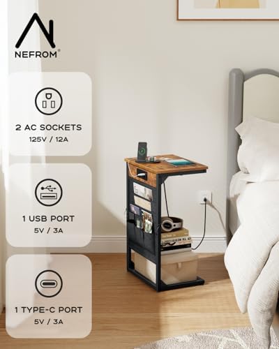 C-Shaped End Table with Fast-Charging Station, Small Couch Side Table with Storage Bag, Sofa TV Tray Table for Living Room, Bedroom, Bedside ET-BR-W1 - Image 5