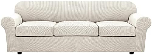 H.VERSAILTEX 4 Piece Stretch Sofa Covers for 3 Cushion Couch Covers for Living Room Furniture Slipcovers (Base Cover Plus 3 Seat Cushion Covers) Upgraded Thicker Jacquard Fabric (XL Sofa, Ivory) by HVERSAILTEX