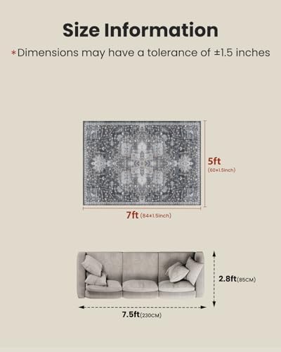AMADA HOMEFURNISHING 5x7 Area Rugs, Washable Living Room Rug Low-Profile with Non-Slip Backing & Durable Edge Binding, Vintage 5x7 Rugs for Living Room, Bedroom, Dining Room - Image 2