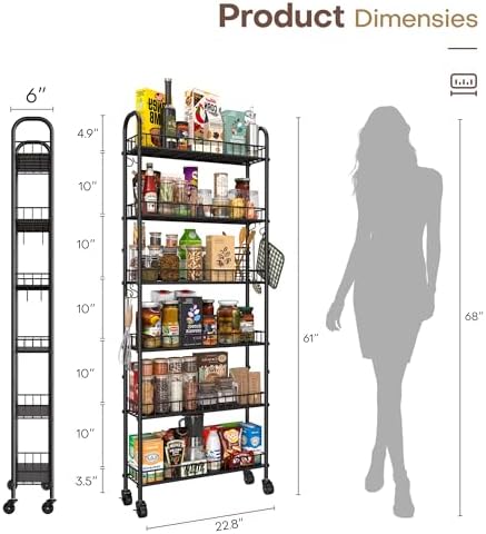 Slim Rolling Storage Cart with Wheels, Metal 6 Tier Spice Rack Mobile Shelving Unit Organizer Kitchen Utility Cart for Office Bathroom Kitchen Laundry Room Narrow Places (6inches) - Image 5