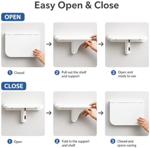 WELLAND 11.8" x 8.25" White Wall Mounted Desk Small Floating Shelves Set of 2 Folding Wall Shelves Drop-Leaf Table Fold Down Desk for RV, Camper, Loft Beds - Image 5