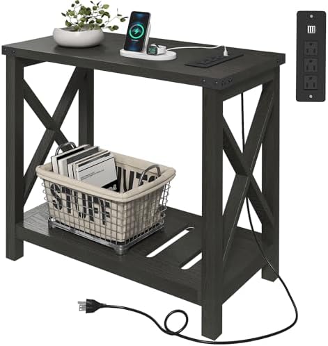 Hadulcet Farmhouse Side Table with Charging Station - Narrow Bedside Table for Small Space, Slim End Table, Rustic X-Design Nightstand for Living Room, Bedroom, Classic Black by Hadulcet