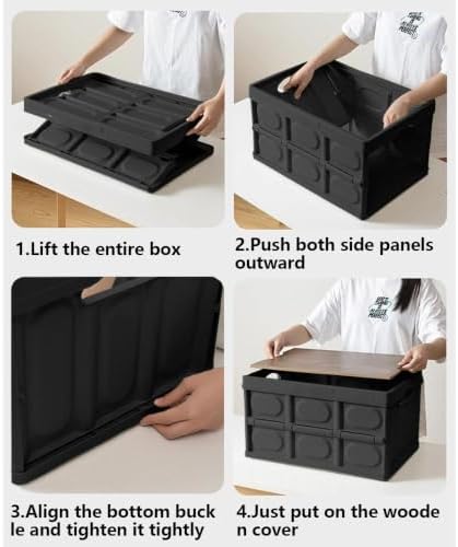 2 PSC Collapsible Storage Box with Lid, 13 Gallon Foldable Storage Bin with Wood Grain Top, Portable Organizer Tote with Handles for Car Trunk, Camping, RV, Grocery Shopping, Home Storage, Black - Image 4