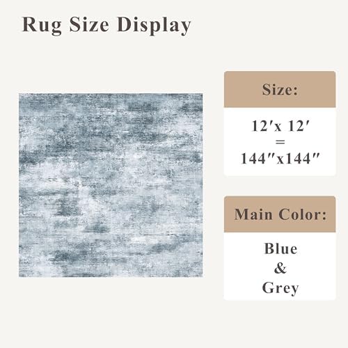 12x12ft Square Living Room Rug – Non-Slip Washable Extra Large Floor Carpet for Bedroom, Dining Room, Playroom Room – Modern Abstract Neutral Thin Low-Pile Big Indoor Rug (Misty Blue Gray) - Image 2