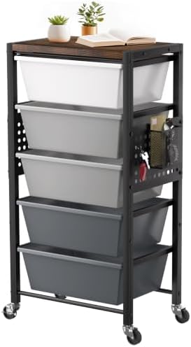 Rolling Cart with 5 Drawers, Plastic Drawer Storage Carts with Wheels & Wooden Tabletop, Metal Utility Cart with Pegboards, Office Living Room Classroom Craft Organization and Storage, Dark Grey by TimeForest