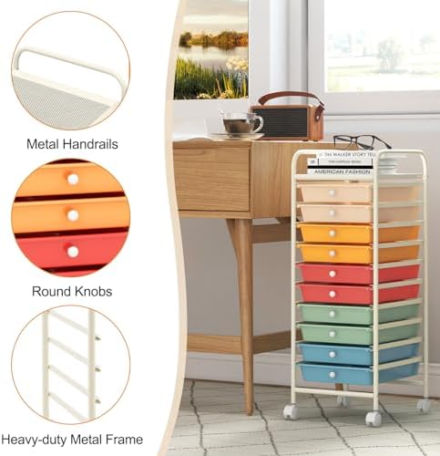 MEDIMALL 10 Drawers Rolling Storage Cart, Multipurpose Craft Storage Cart with Wheels, Mobile Tools Scrapbook Paper Organizer Cart for Office School Home Use - Image 6