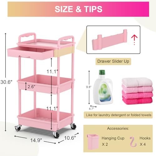 Goovilla 3 Tier Rolling Utility Cart Organizer with Removable Drawer, Pink - Image 4