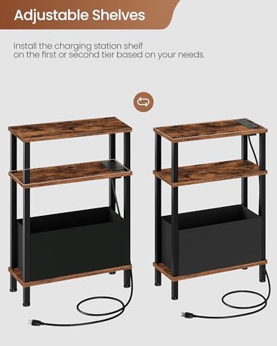 CHOEZON Set of 2 End Tables with Charging Station, Narrow Side Table for Small Spaces, Slim Nightstand with Basket, Skinny Bedside Table, for Living Room, Bedroom, Rustic Brown and Black TBZ07UP2BF - Image 6