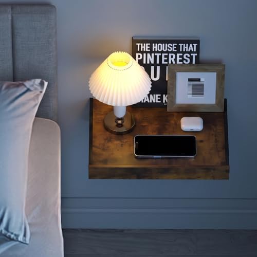 TEAMIX Wall Mounted Bedside Shelf, Wood Floating Nightstand, Folding Bedside Table for Small Space Bedroom, Living Room Organizer Storage Phone,Glasses, Books (Brown, Basic) - Image 2