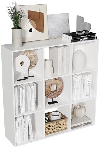 9-Cube Bookshelf, Tall Open Back Storage Shelves, Heavy Duty Wood Cubby Organizer for Small Spaces, Dorm Room Apartment Office, Unit for Book Toy Record Player Display (White, 9-Cube) by NewBeth