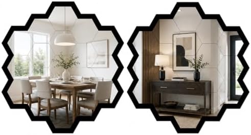 2pcs Hexagon Mirror Wall Stickers, Self Adhesive Decorative Mirror Tiles, 8.5 x 7.9 Inch Wall Mirror Decor for Bedroom Bathroom Living Room Entryway Bohemian Moroccan Style by YOORORO