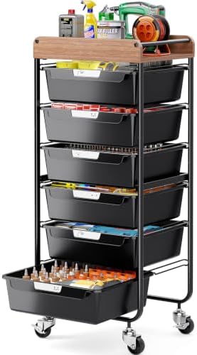 SYKIARIOL Utility Cart with 6 Labeling Drawers and Wooden Tabletop by SYKIARIOL