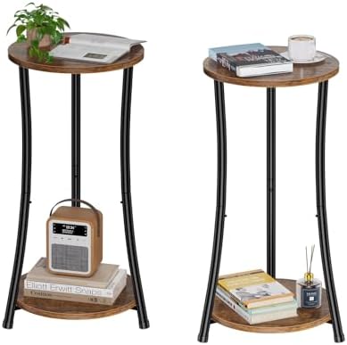 Simple Trending Round Side Table, 2 Tiers End Table for Living Room with Storage Shelf, Slim Sofa Table Set of 2, Rustic Brown by SimpleTrending