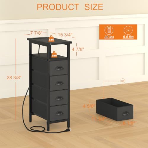 sthmec Side Table with Charging Station, Narrow End Table with 4 Drawers, Small Nightstands with Fabric Drawers,Slim Sofa Couch Side Tables for Small Spaces,Living Room,Bedroom, Black - Image 3