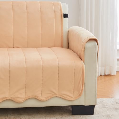 Great Bay Home Velvet Loveseat Cover - Washable Slipcover Furniture Protector with Elastic Straps - Furniture Cover for Dogs, Kids, and Pets - Stitched Detail (Peach) - Image 4