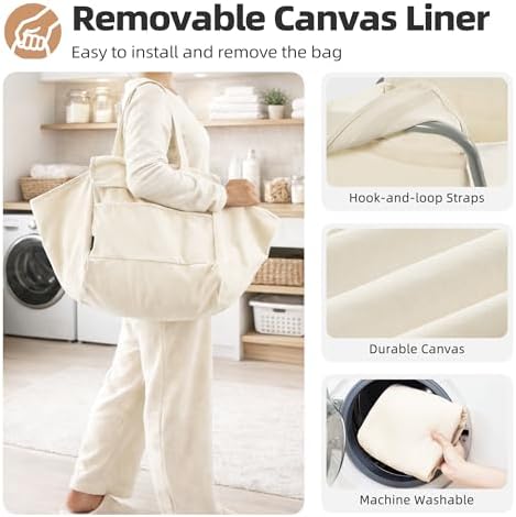 STORAGE MANIAC Collapsible Laundry Cart with Wheels 35.6"H Removable Canvas Bag Rolling Laundry Hamper Clothes Basket with Wheels, Sturdy Steel Frame Folding for Small Narrow Space Easy Storage, Beige - Image 3