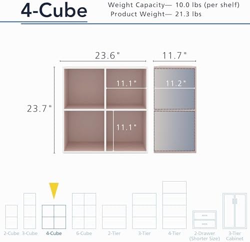 Homes: Inside + Out Apexa 4-Cube Storage Organizer Shelves, Stackable Wood Bookcase Fits Cubby Bins for Organization, Dorm Teen Room Decor & Home Office, Light Pink - Image 3