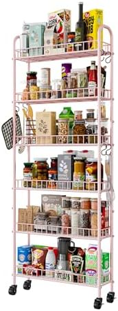 6 Tier Slim Rolling Storage Cart with Wheels, Metal Mobile Shelving Unit Organizer Utility Cart for Office Bathroom Kitchen Laundry Room Narrow Places (Pink 6 Inches) by Qiaoxuan